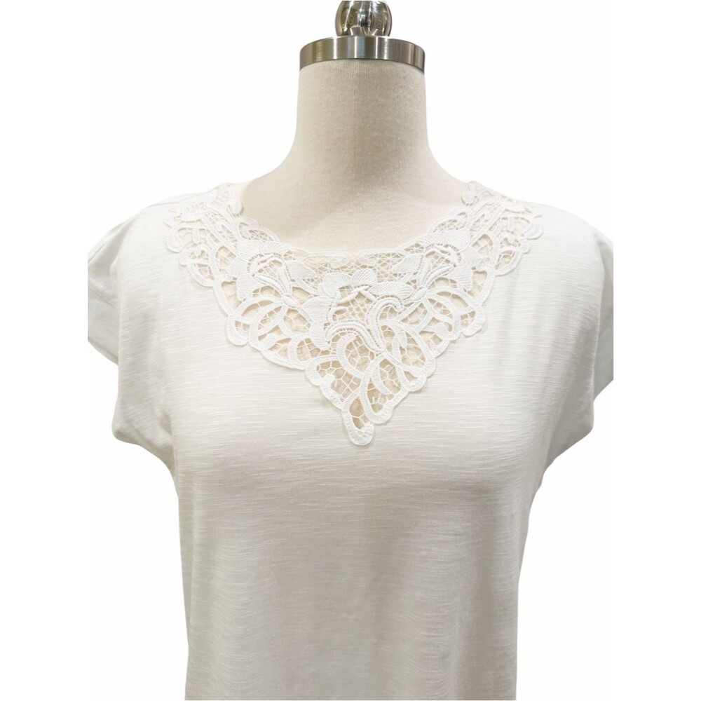 Jones New York Lace Inset Top Dolman Sleeve Stretch Knit White Pullover S NEW - Picture 3 of 13